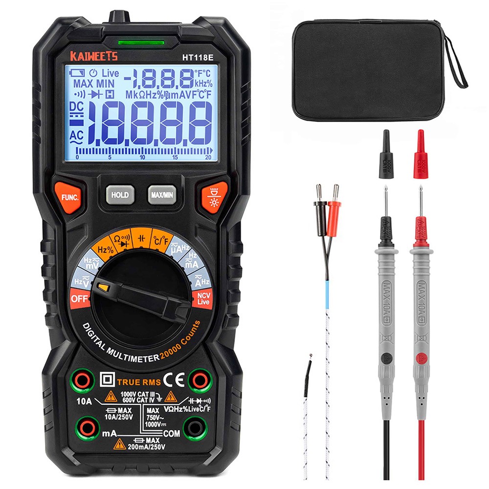 KAIWEETS HT118E Digital AC/DC Multimeter, TRMS 20000 Counts, 2.7 Inch Display, LED Lightning Jacks, Auto-Ranging