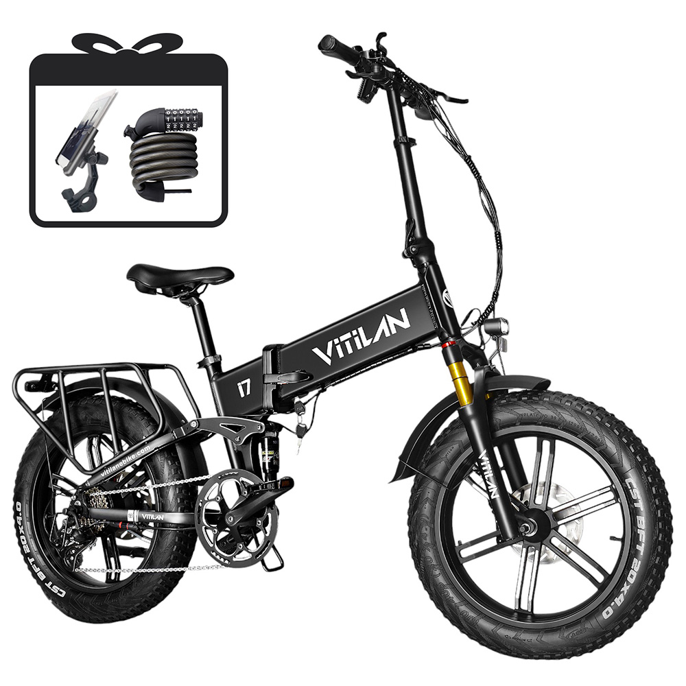 Vitilan I7 Pro 3.0 Electric Bike, 750W Motor, 48V 20Ah Battery, 20*4.0-inch Fat Tire, 45km/h Max Speed, 110km Max Range, Hydraulic Disc Brake, Hydraulic Suspension Rear Shock, Air Suspension Front Fork, Shimano 8 Speed - Black