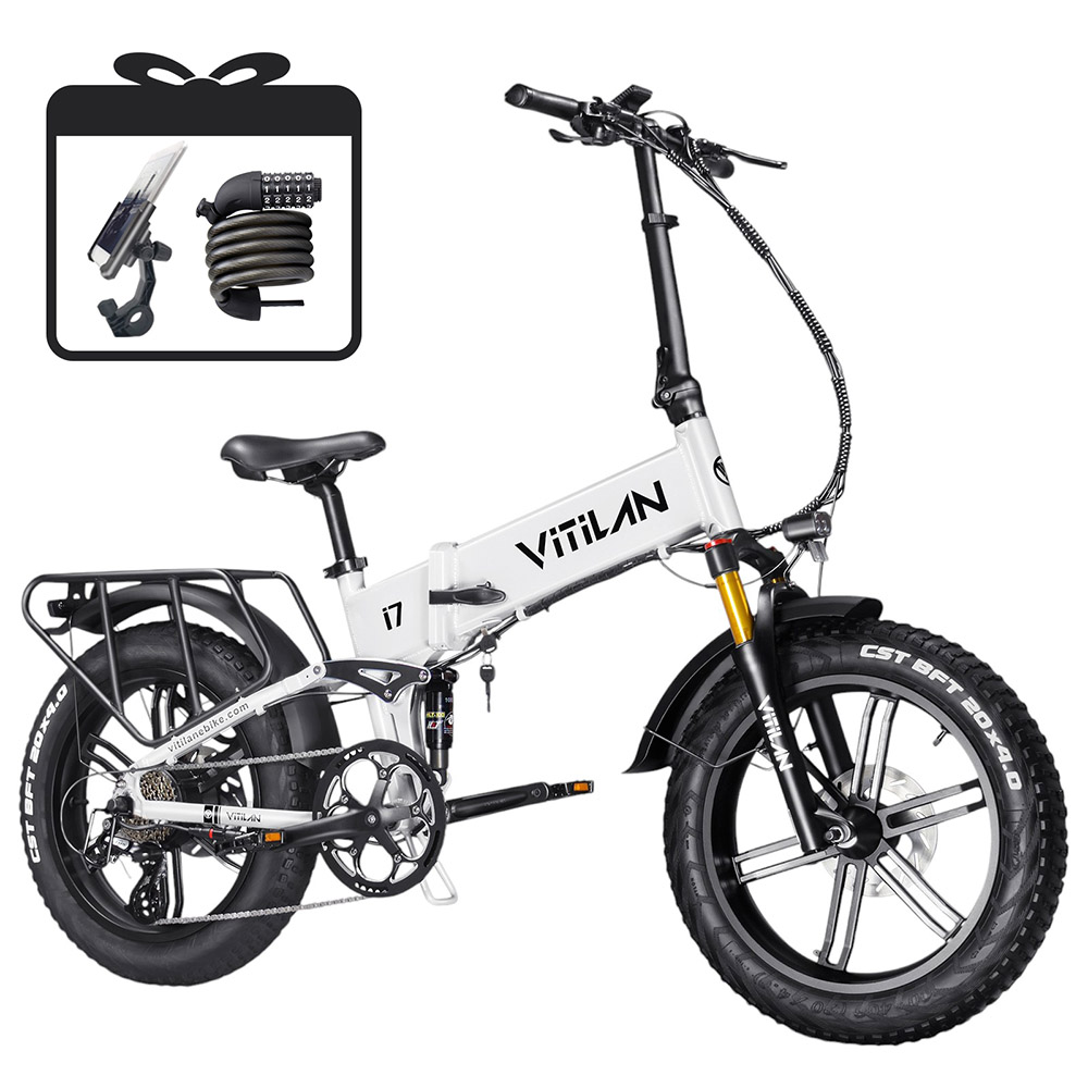 Vitilan I7 Pro 3.0 Electric Bike, 750W Motor, 48V 20Ah Battery, 20*4.0-inch Fat Tire, 45km/h Max Speed, 110km Max Range, Hydraulic Disc Brake, Hydraulic Suspension Rear Shock, Air Suspension Front Fork, Shimano 8 Speed - White