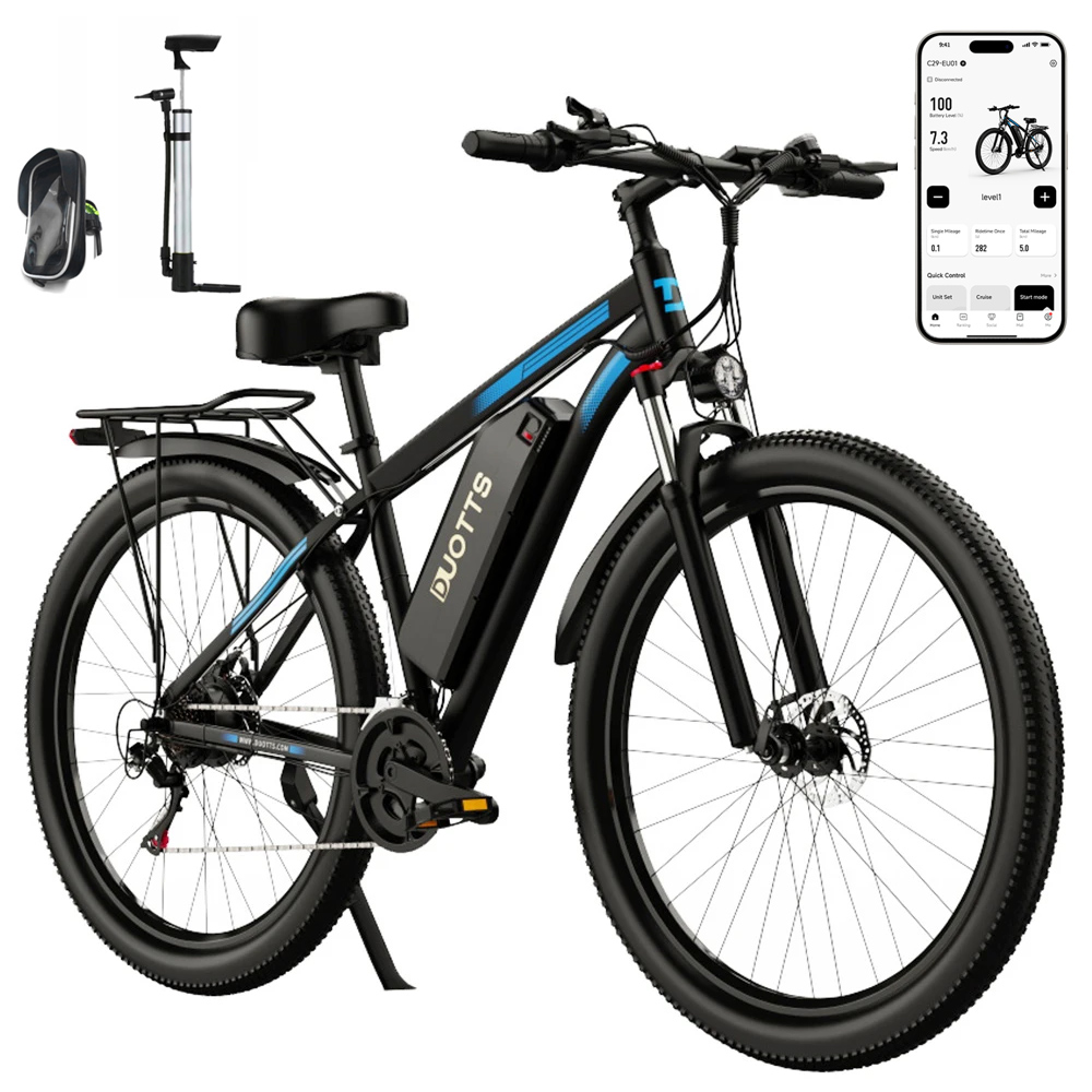 DUOTTS C29 Electric Bike 750W 29*2.1 inch Wheel 48V 15Ah Battery 50km Range 50km/h Max Speed Shimano 21 Speed Gear Electric Mountain Bike with Rear Rack IP54 Waterproof Smart APP - Black