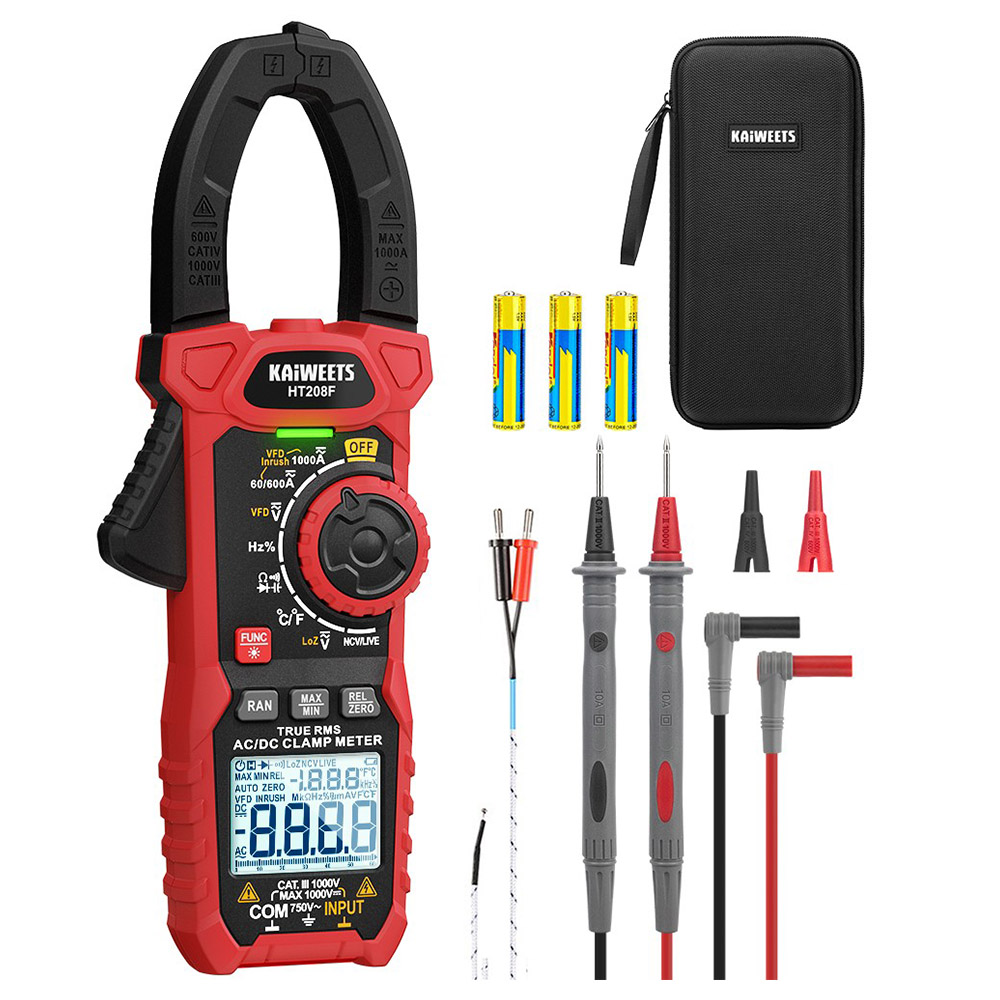 

KAIWEETS HT208F Inrush Digital Clamp Meter, 1000A with Backlit, TRMS 6000 Counts, 15min Auto-shutdown, 38mm Large Jaw Design