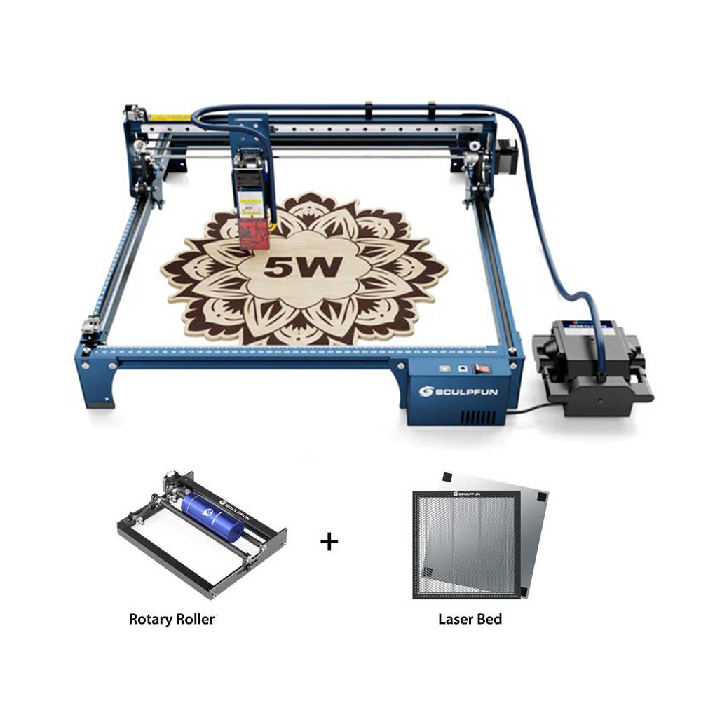 SCULPFUN S30 5W Laser Engraver + Rotary Roller + Laser Bed