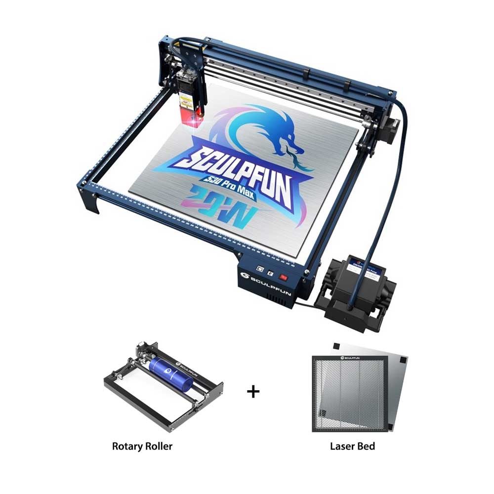 SCULPFUN S30 Pro 10W Laser Engraver + Rotary Roller + Laser Bed