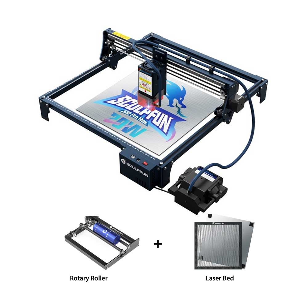 SCULPFUN S30 Pro Max 20W Laser Engraver + Rotary Roller + Laser Bed