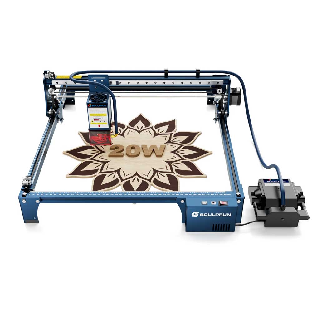 SCULPFUN S30 Pro Max 20W Laser Engraver Cutter, Automatic Air-assist, 0.08*0.1mm Laser Focus, 32-bit Motherboard, Replaceable Lens, Engraving Size 410*400mm, Expandable to 935*905mm