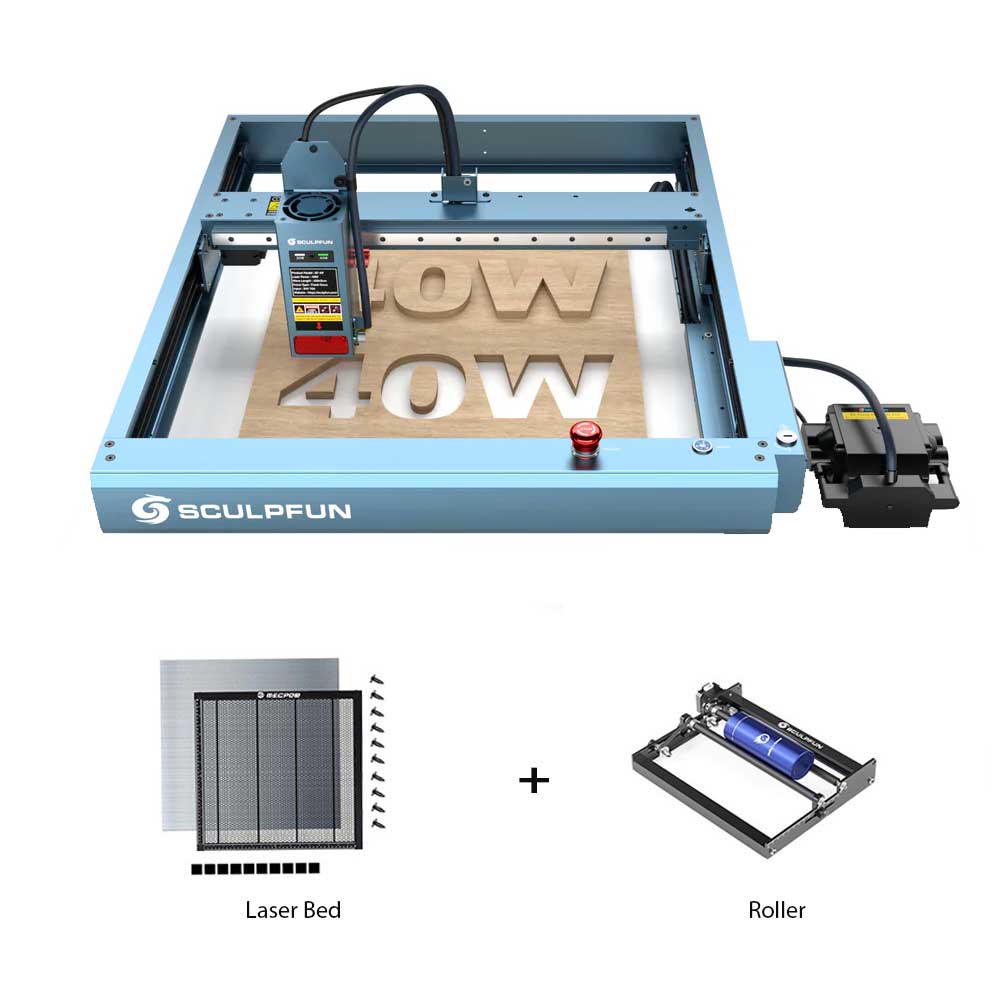 SCULPFUN SF-A9 40W Laser Cutter + Rotary Roller + Laser Bed