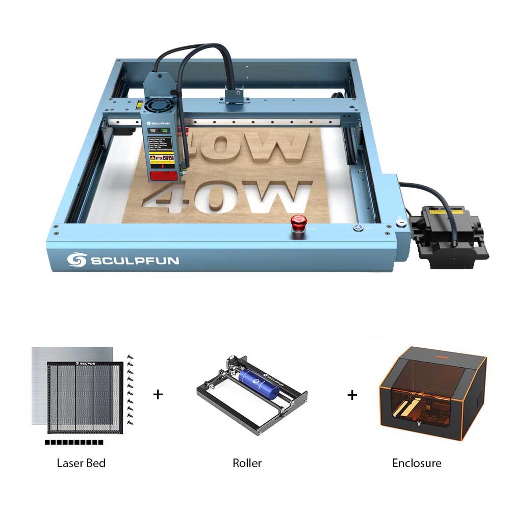 SCULPFUN SF-A9 40W Laser Cutter + Rotary Roller + Laser Bed + Fireproof Enclosure