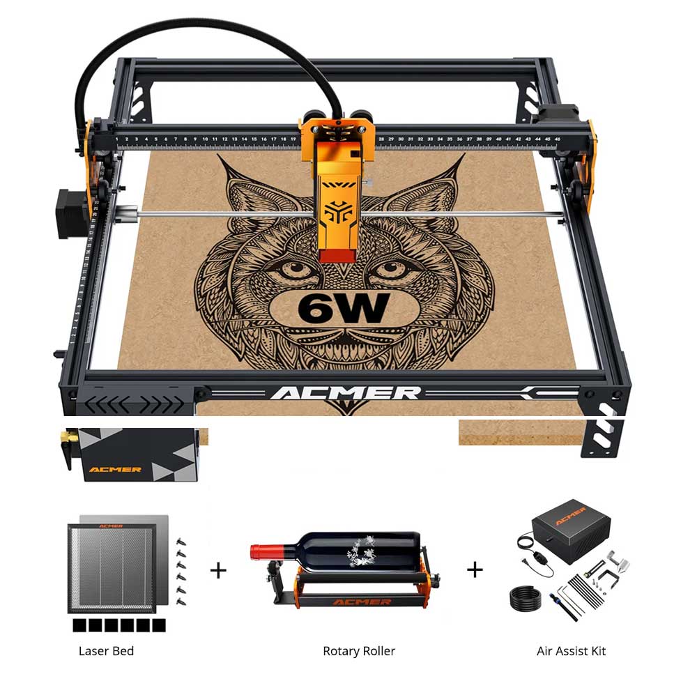 

ACMER P1 S Pro 6W Laser Engraver + Laser Bed + Rotary Roller + Air Assist Kit