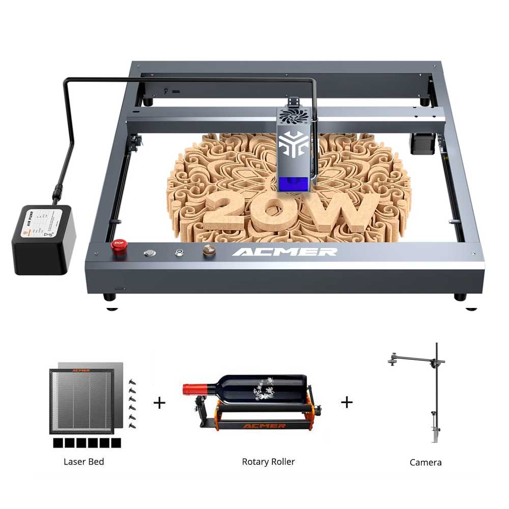 

ACMER P2 20W Laser Engraver + M2 Rotary Roller + E10 Laser Bed + A500 Laser Camera