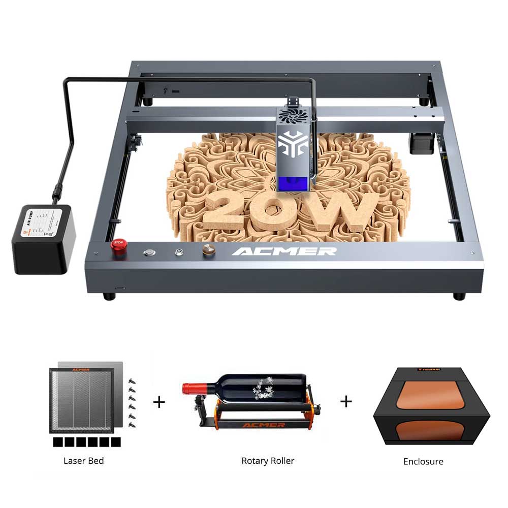 

ACMER P2 20W Laser Engraver + M2 Rotary Roller + E10 Laser Bed + Fireproof Enclosure