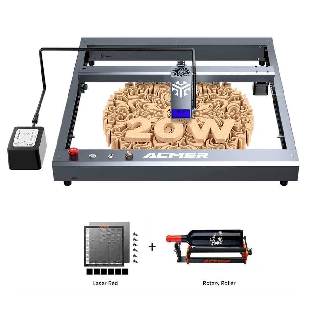 ACMER P2 20W Laser Engraver + M2 Rotary Roller + E10 Laser Bed