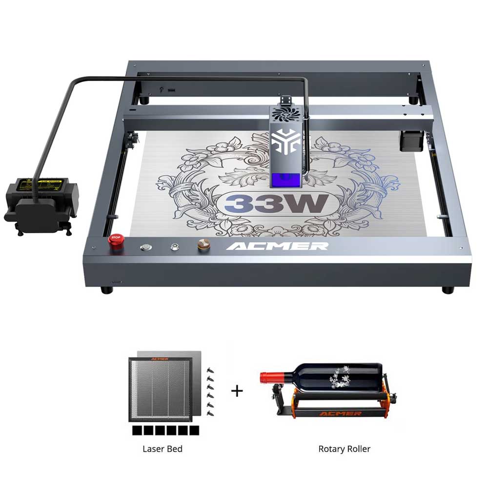 

ACMER P2 33W Laser Engraver + M2 Laser Rotary Roller + E10 Laser Bed