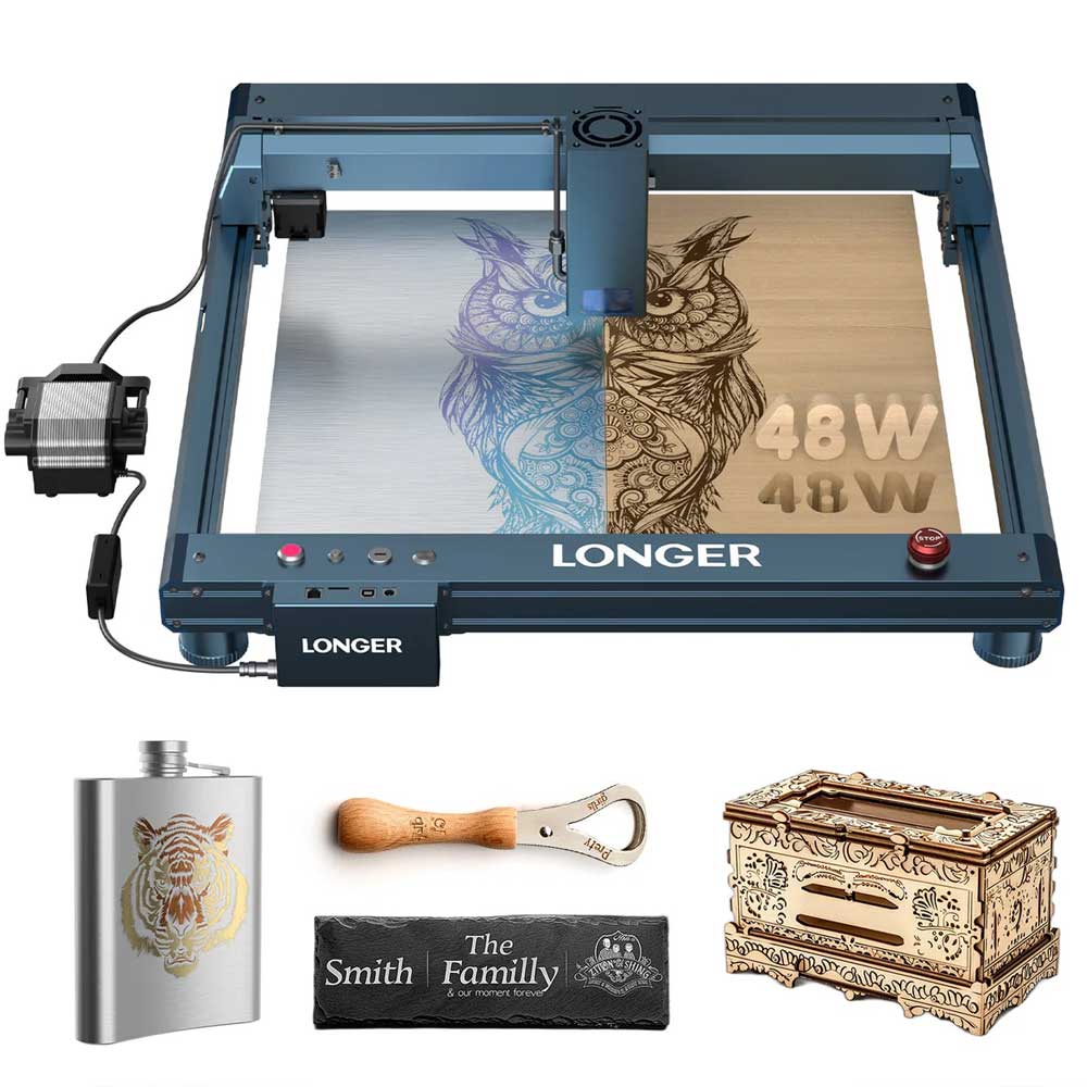 

LONGER Laser B1 44W-48W Laser Engraver Cutter, 36000mm/min, Cut 40mm Basswood / 50mm Acrylic, Air-Assist Kit, 8 Safety Protections, 450x440mm (17.72"x17.32")