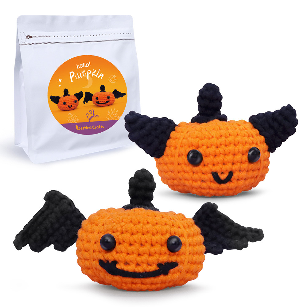 NestledCrafts Halloween Crochet Kit for Beginners, Amigurumi Knitting Kit, with Step-by-Step Video Tutorials - Pumpkins