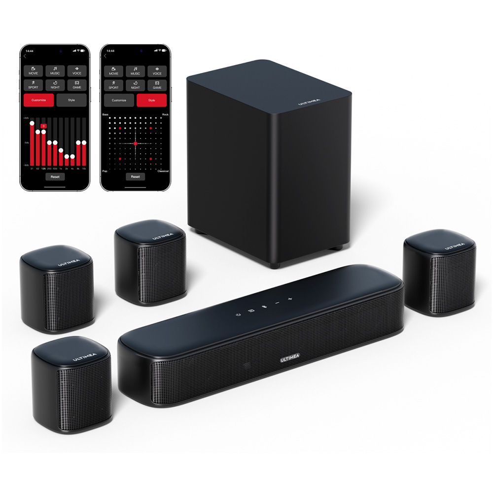 

Ultimea Aura A40 7.1 Soundbar Subwoofer Speaker Kit, 7.1 Channel, App Control, 10 Bands Equalizer Settings, 121 Preset EQ Matrices, Bluetooth 5.3, 330W Peak Power, Black