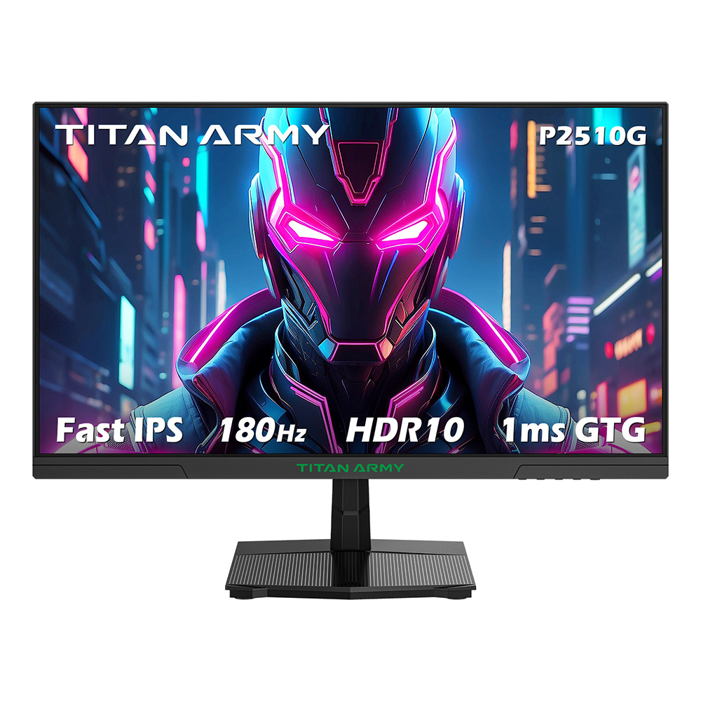 

TITAN ARMY P2510G Gaming Monitor, 24.5'' 1920*1080 FAST IPS Screen, 180Hz Refresh Rate, HDR10, 99% sRGB, 1ms GTG, Adaptive Sync, Dynamic OD, Game Assist, 8 Scene Modes, Hardware Low Blue Light, Adjustable Tilt, VESA Mount, 1*HDMI2.0 1*DP1.4 1* Audio, Blac