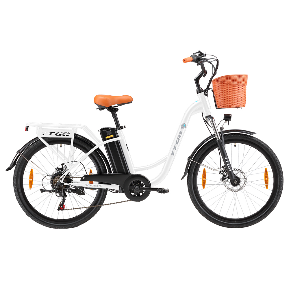 TTGO YY-26ST Electric Bike, 250W Motor, 36V 14.5AH Battery, 26*1.95-inch Tires, 25km/h Max Speed, 100km Max Range, Disc Brake, SHIMANO 6-speed, LED Display - White