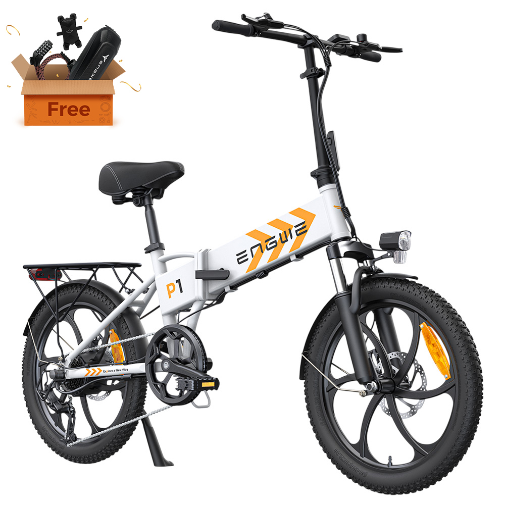 

ENGWE P1 Folding Electric Bike 20*2.3 inch Wide Tires 250W Motor 36V 13Ah Battery 25km/h, Dual Disc Brake Aluminum Alloy Body Shimano 7 Gears Max 100km Range IP54 Waterproof - White
