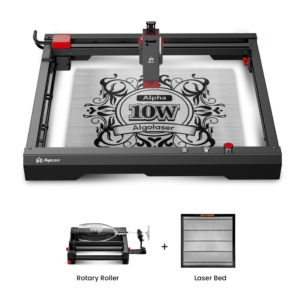 AlgoLaser Alpha 10W Laser Engraver + Laser Bed + Rotary Roller