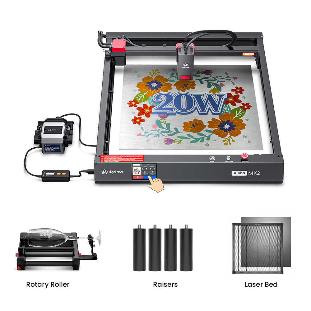 

AlgoLaser Alpha MK2 20W Laser Engraver + Laser Bed + Rotary Roller + Raisers