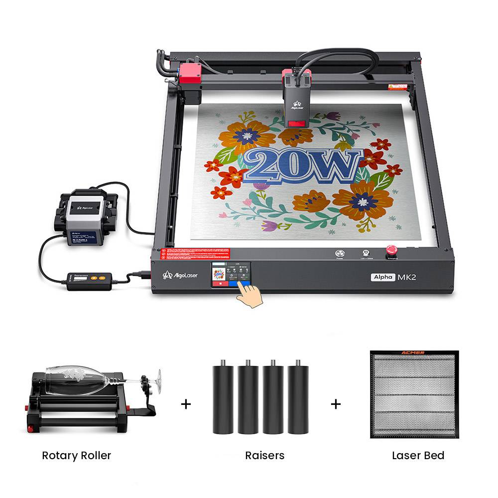 AlgoLaser Alpha MK2 20W Laser Engraver + Laser Bed + Rotary Roller + Raisers