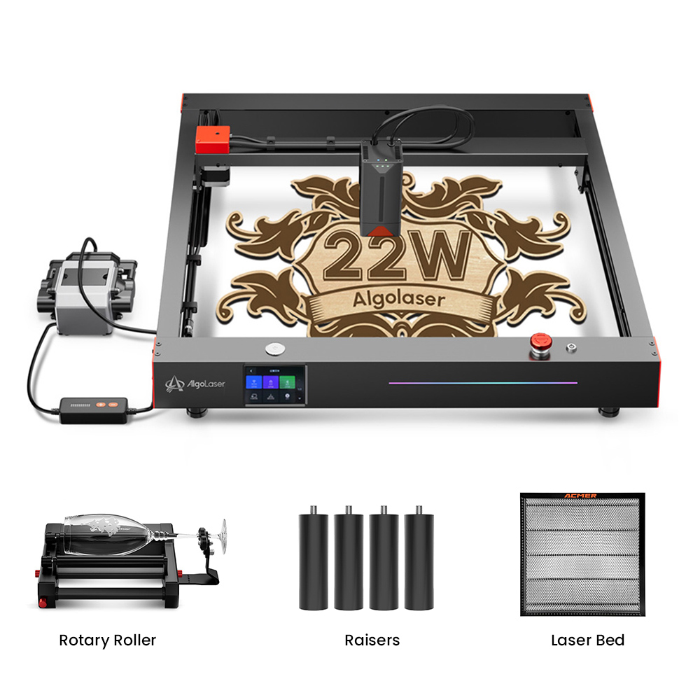 AlgoLaser Delta 22W Laser Engraver + Laser Bed + Rotary Roller + Raisers