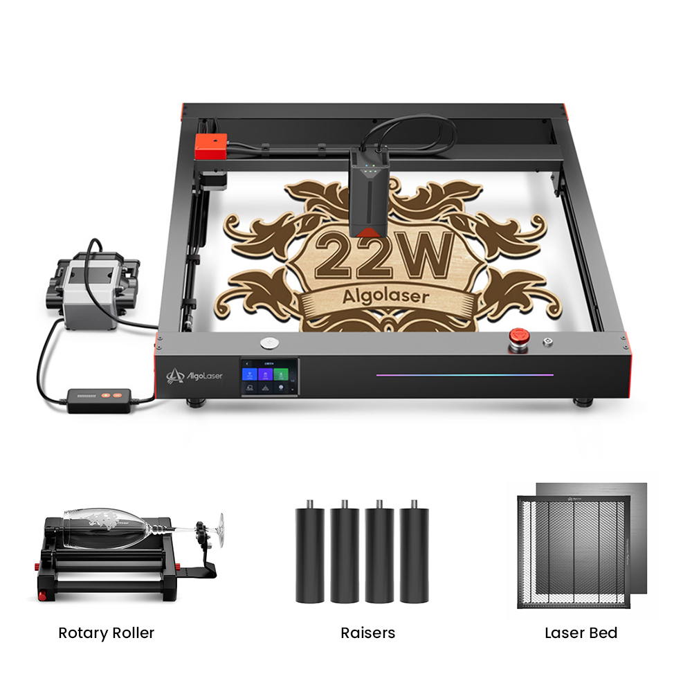 AlgoLaser Delta 22W Laser Engraver + Laser Bed + Rotary Roller + Raisers