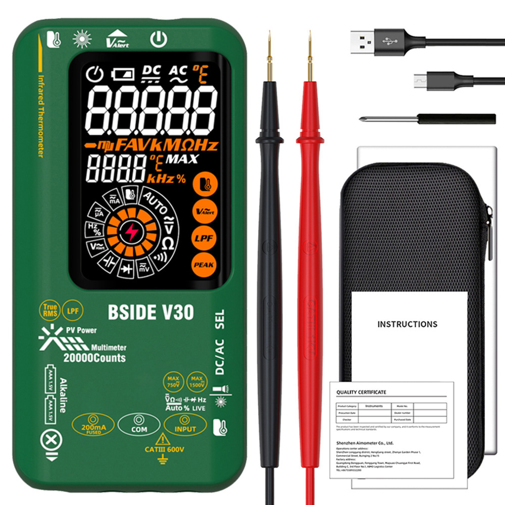 

BSIDE V30 Photovoltaic Multimeter, High Voltage 1500V, T-RMS, 20000 Counts, LCD Screen, Electronic Maintenance, DC Current Test, Infrared Temperature Measurement