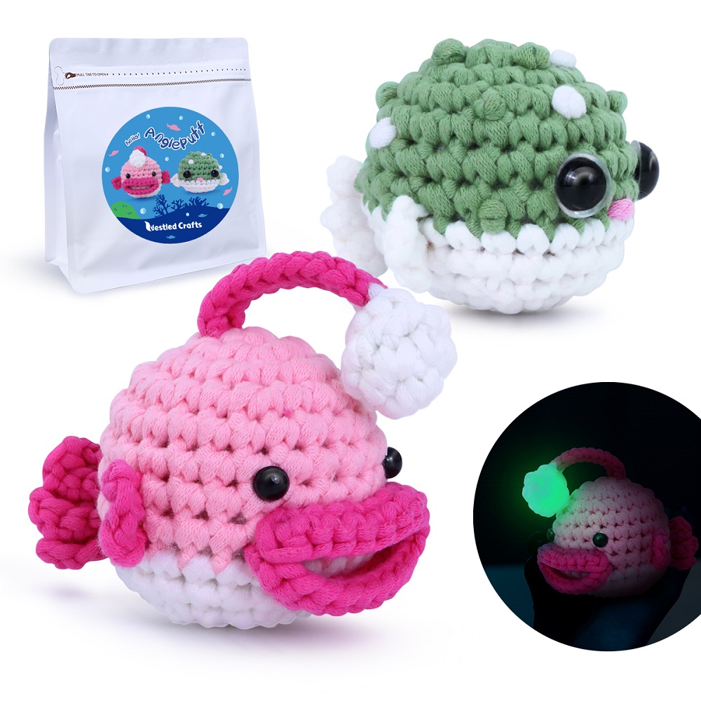 

NestledCrafts Crochet Kit for Beginners, Amigurumi Animal Kit, with Step-by-Step Video Tutorials - Anglerpuff