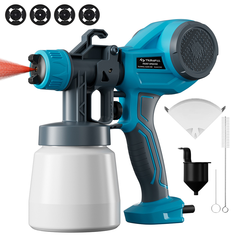 Tilswall Alien 500W Paint Sprayer with 3 Spray Patterns & 3 Nozzles Sizes, Max 550ml/min Spray Speed, Blue