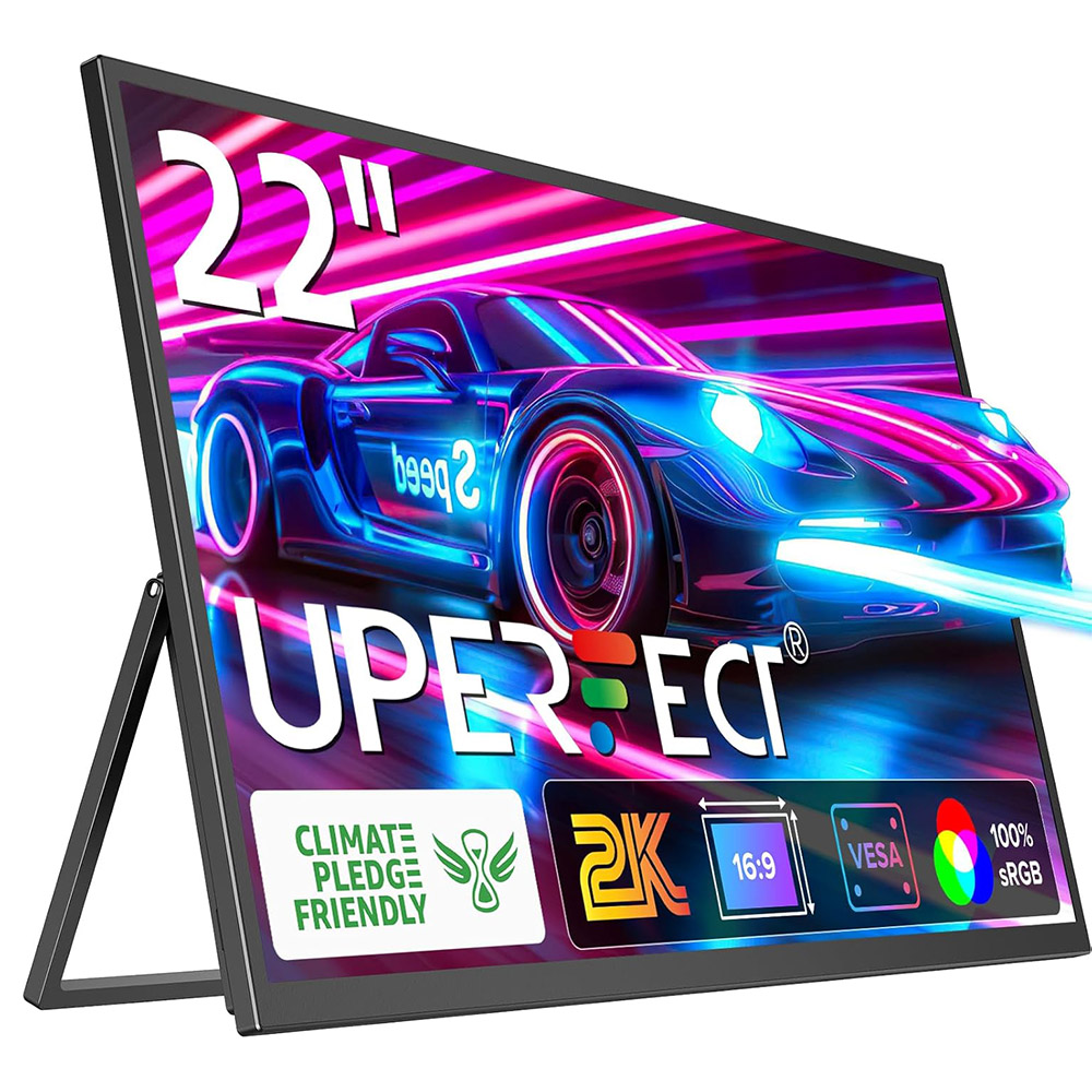 UPERFECT UMax22 22-inch Portable Monitor, 60Hz Refresh Rate, 2560*1440 IPS Screen, 100% sRGB, FreeSync, Built-in Speakers, Driver Free, HDR, Low Blue Light, 180° Adjustable Stand, 2*USB-C, 1*Mini HDMI, 1*Micro USB-B OTG, 1*Audio Jack - EU Plug