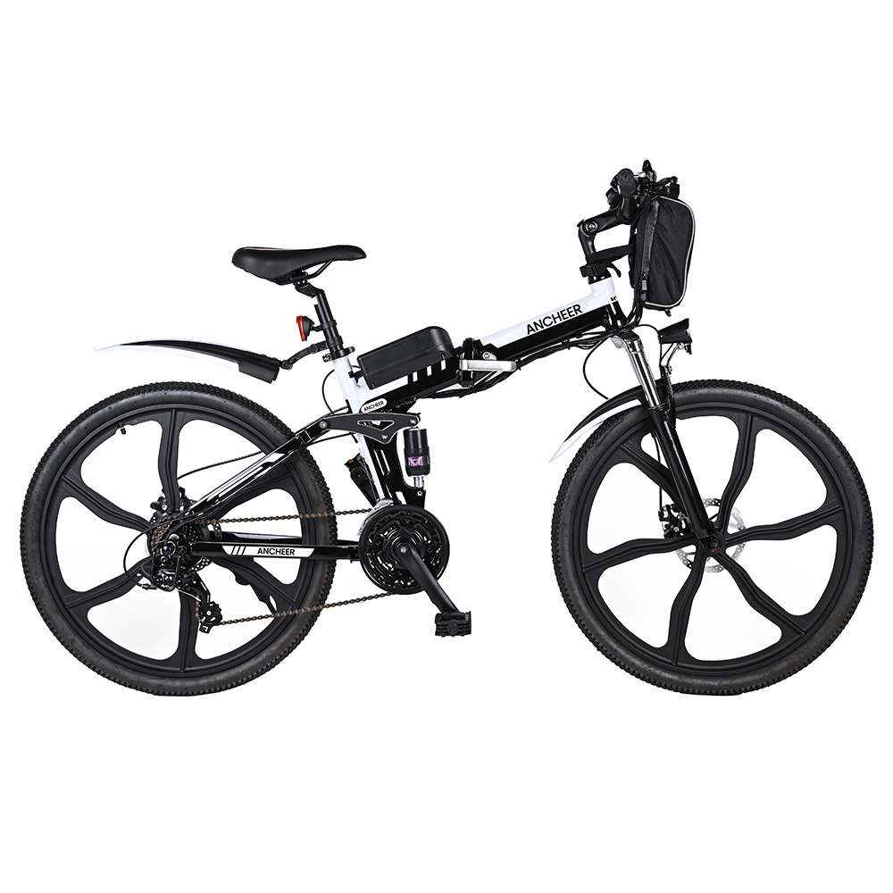 ANCHEER AM4142-L Electric Bike, 250W Motor, 36V 8Ah Battery, 26*1.95-inch Tires, 25km/h Max Speed, 32km Range, Disc Brake, Front Suspension Fork, Shimano 21-Speed - Black White