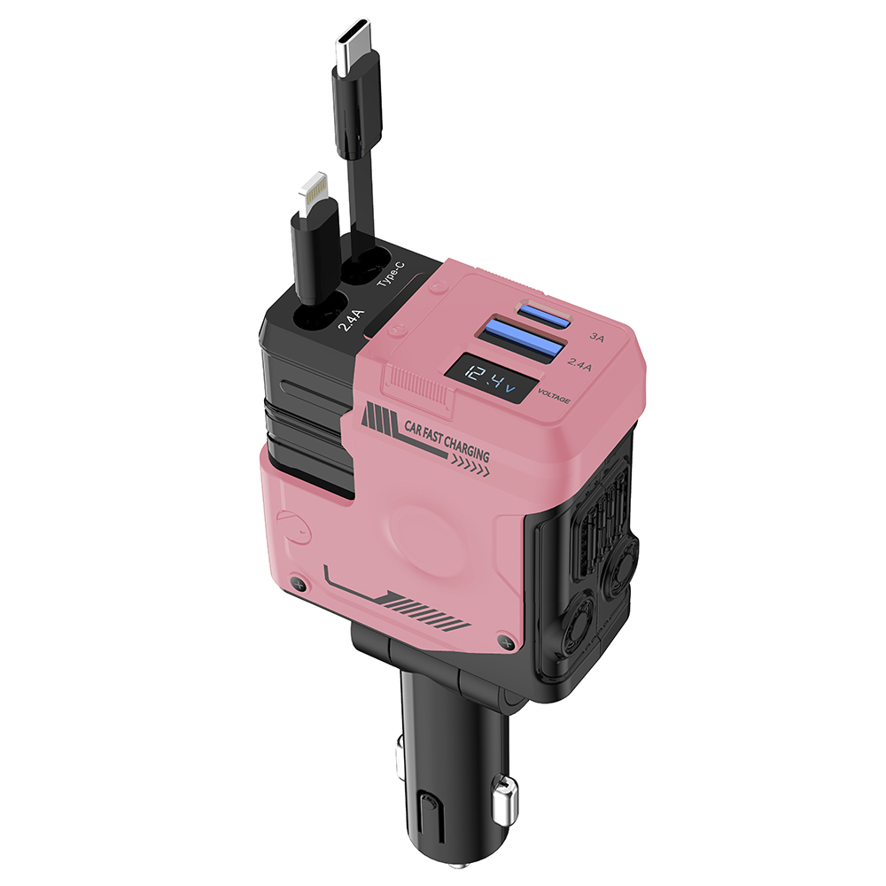 

A1 66W 4 in 1 Car Phone Charger with Retractable Cable, 180° Free Adjustment, USB/Type-C Dual Interface & PD Fast Charge - Pink