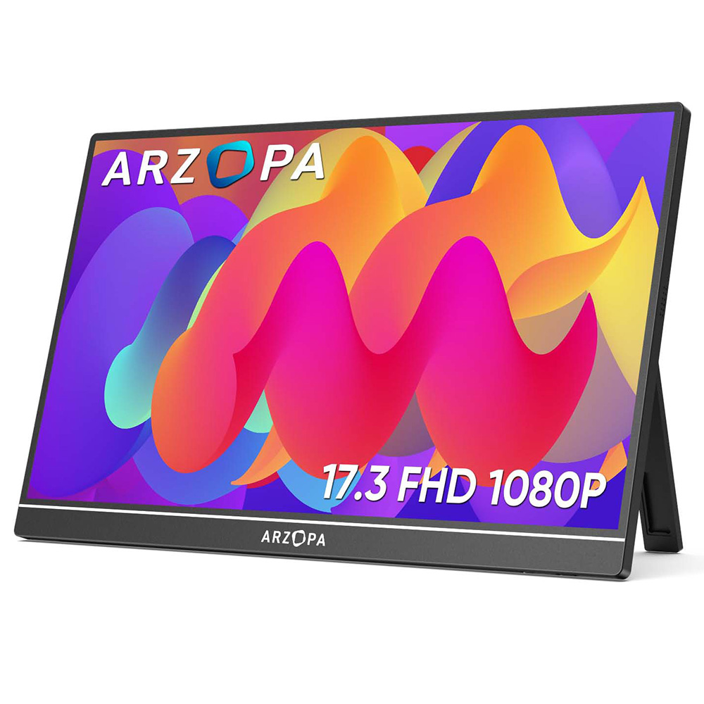 ARZOPA  A1M 17.3-inch Portable Monitor, 1920*1080 FHD 16:9 IPS Screen, 60Hz Refresh Rate, 1W*2 Built-in Speakers, 1*Mini HDMI, 2*Full Function Type-C, Built-in Kickstand