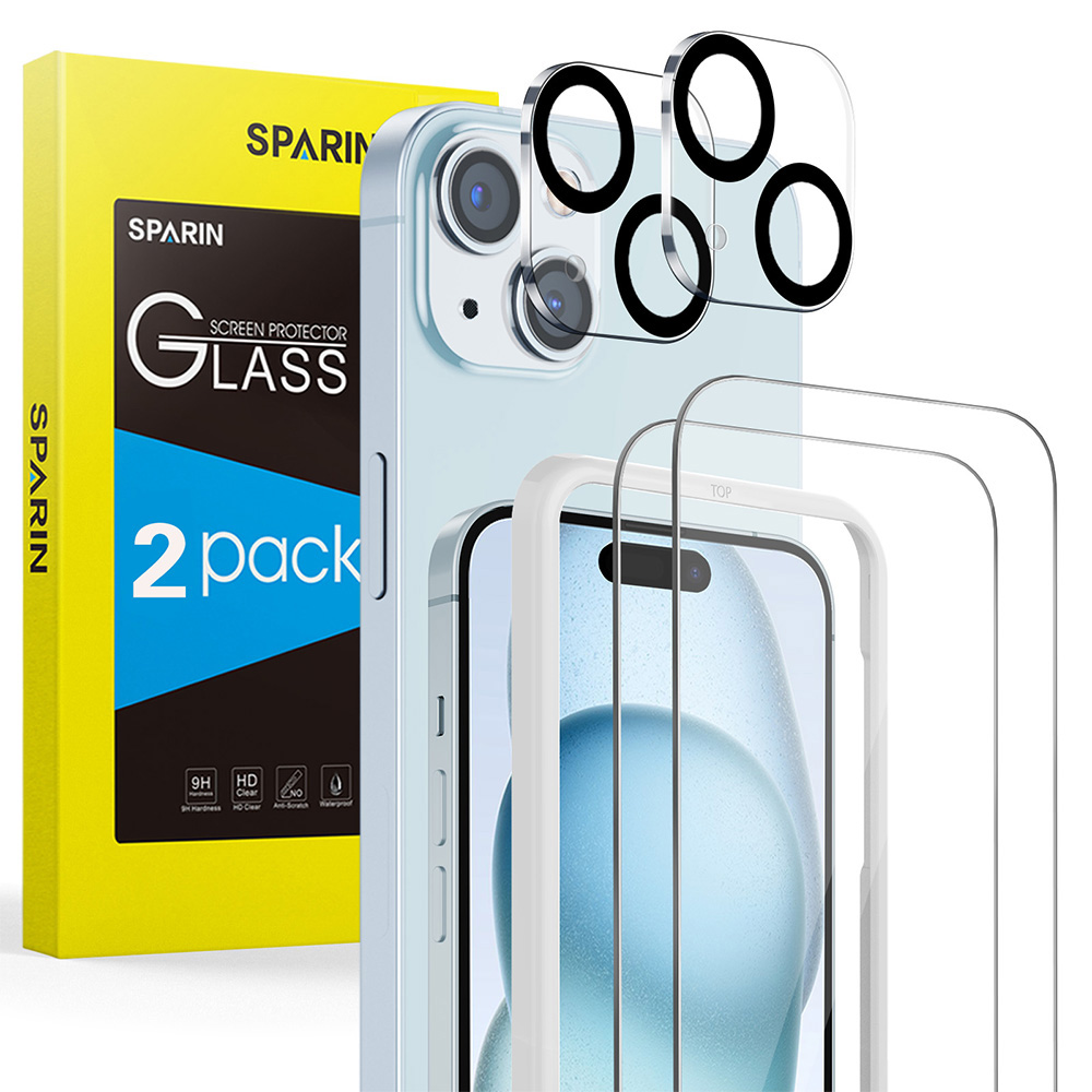 SPARIN 2 Pack HD Screen Protector for iPhone 15 + 2 Pack Lens Protector with Installation Frame