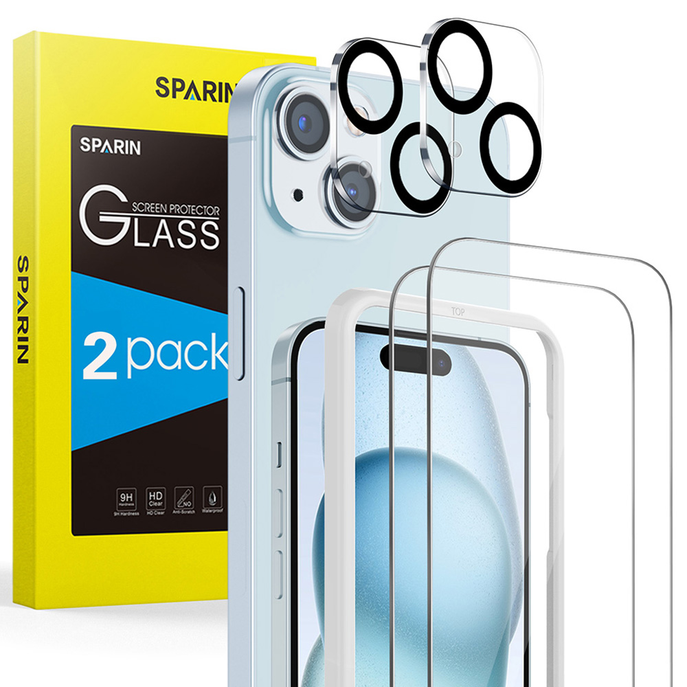 SPARIN 2 Pack HD Screen Protector for iPhone 15 Plus + 2 Pack Lens Protector with Installation Frame