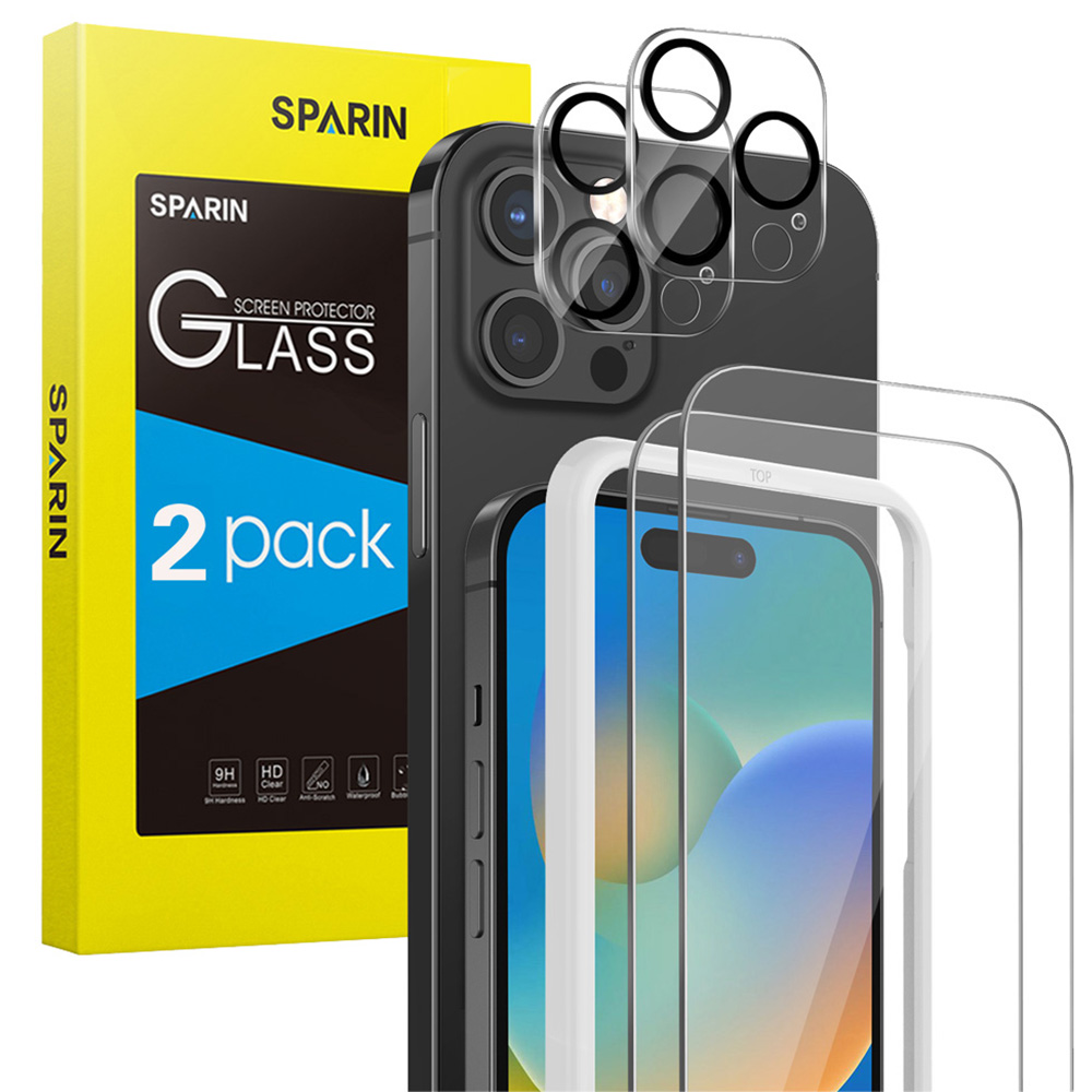 

SPARIN 2 Pack HD Screen Protector for iPhone 15 Pro + 2 Pack Lens Protector with Installation Frame