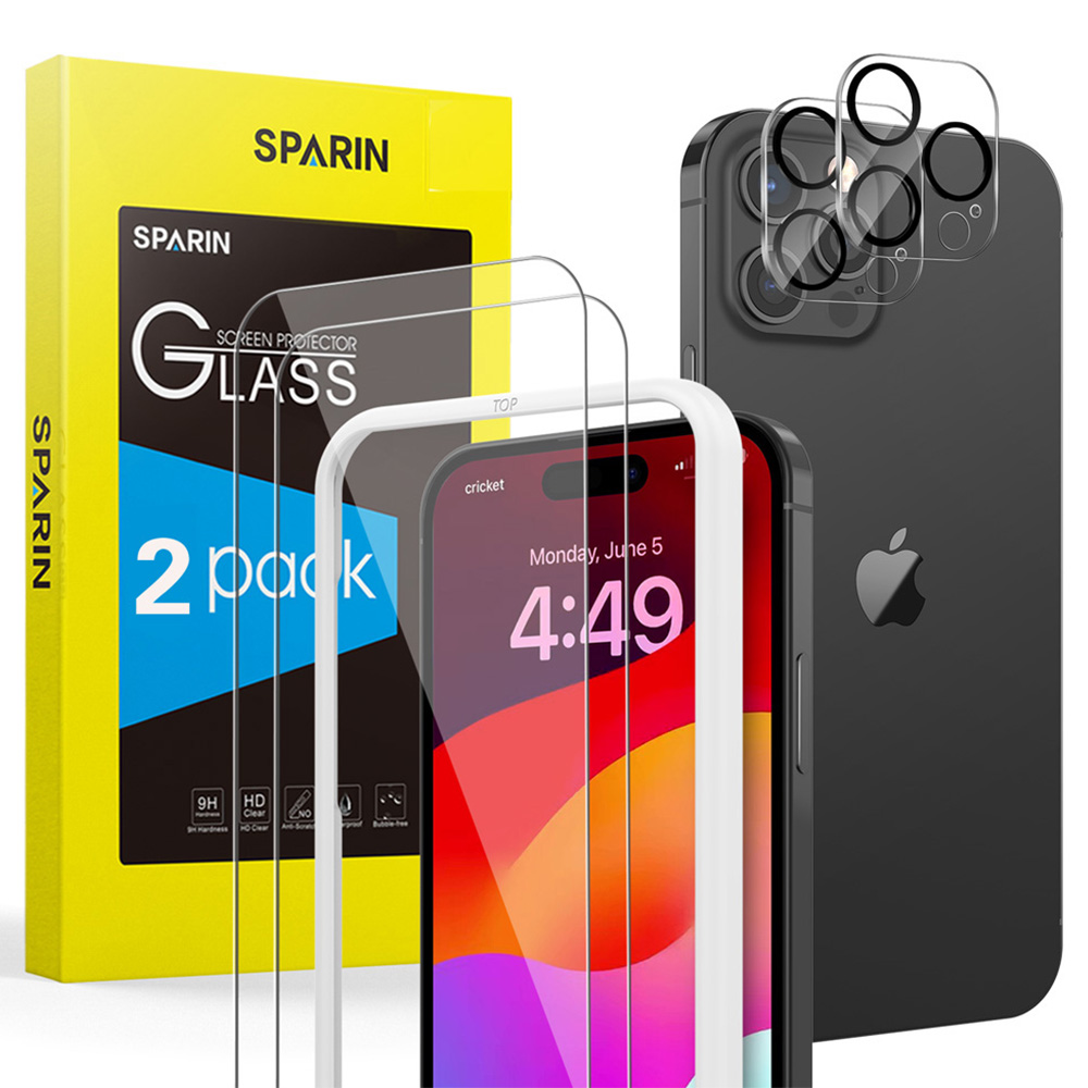 

SPARIN 2 Pack HD Screen Protector for iPhone 15 Pro Max + 2 Pack Lens Protector with Installation Frame