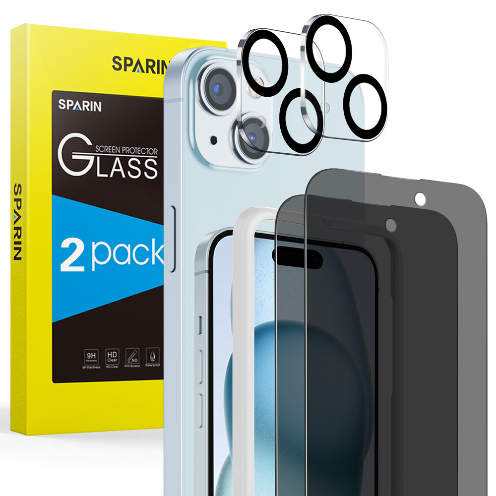 SPARIN 2 Pack Privacy Screen Protector for iPhone 15 + 2 Pack Lens Protector with Installation Frame