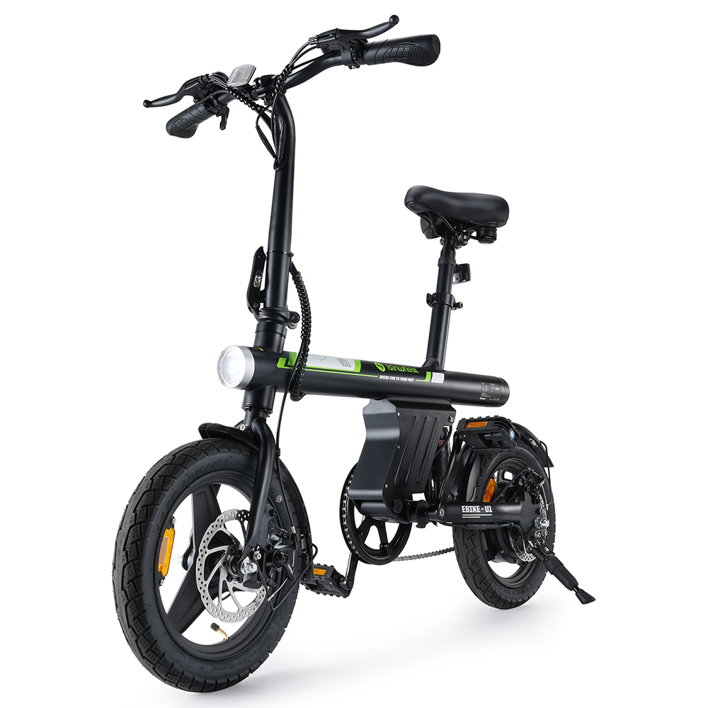 isinwheel U1 Portable Electric Bike, 250W Motor, 36V 7.8Ah Battery, 14*1.95' Tires, 25km/h Max Speed, 45km Max Range, Front & Rear Disc Brakes, Rear Shock Absorber, LCD Display - Black