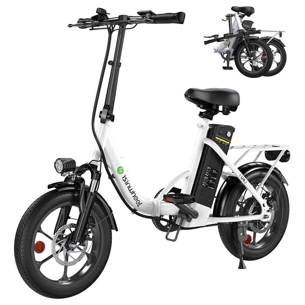 isinwheel U4 Electric Bike, 500W Motor, 36V 10.4Ah Battery, 16*2.15-inch Tires, 25km/h Max Speed, 88km Range, Disc Brakes, Dual Suspension - White