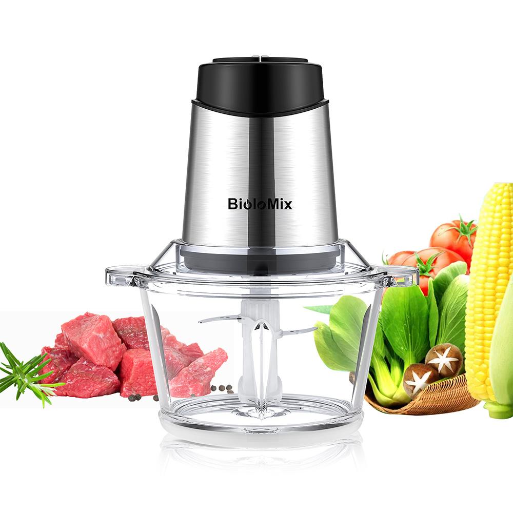 BioloMix P6001 500W Electric Meat Chopper, 1.8L Glass Bowl Food Processor Grinder, Two Speeds, for Vegetables Onion Garlic