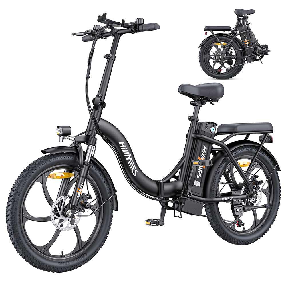 HillMiles MilePort 1 Electric Bike, 250W Motor, 36V 13AH Battery, 20*3.0-inch Tire, 25km/h Max Speed, 100km Max Range, Front Fork Suspension, Mechanical Disc Brake, Shimano 7-speed - Black