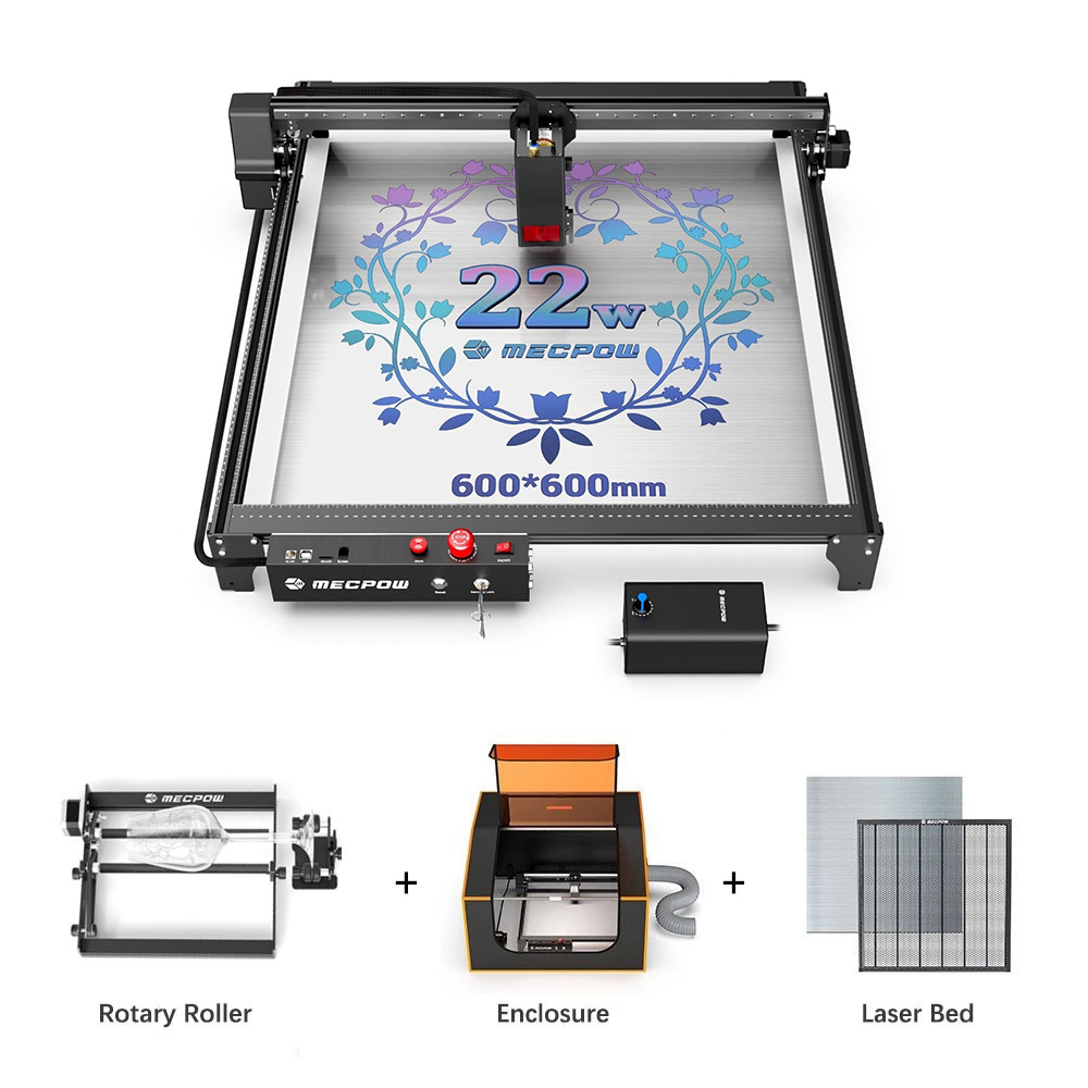 Mecpow X5 22W Laser + Rotary Roller + Laser Bed + Fireproof Enclosure