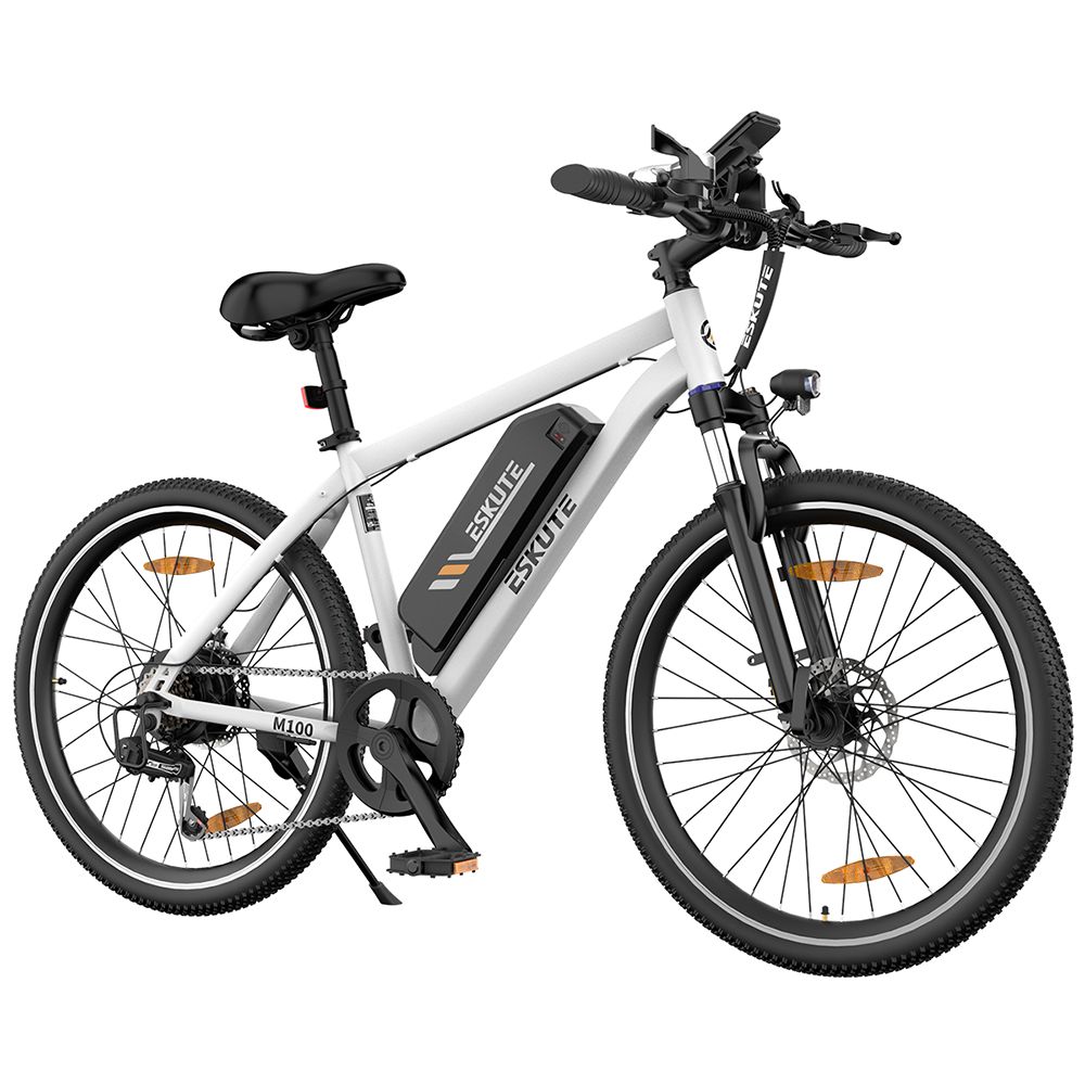 ESKUTE M100 Electric Bike, 250W Brushless Motor, 36V 10.4Ah Removable Battery, 27.5*1.95' Tires, 25km/h Max Speed, 30-55km Range, Disc Brakes, SHIMANO 7-speed, Front Suspension - White