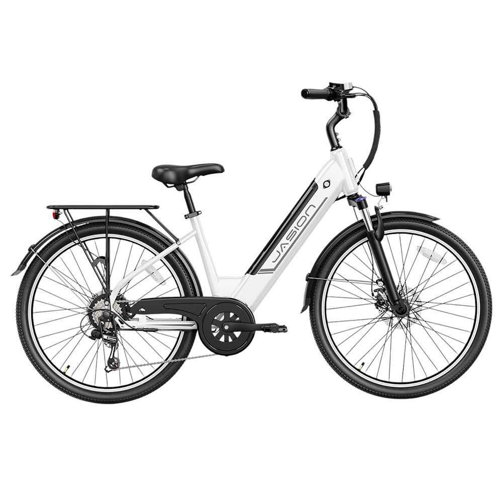 

JASION EB5 Roamer ST Electric Bike, 500W Motor, 48V 10AH Battery, 26*1.95-inch Tire, 25km/h Max Speed, 90km Range, Mechanical Disc Brake, Suspension Front Fork, Shimano 7-speed - White