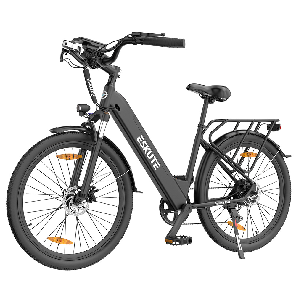 ESKUTE Polluno Plus Electric Bike, 250W Motor, 36V 20Ah Battery, 26*1.75-inch, 25km/h Max Speed, 100km Range, Mechanical Disc Brakes, Shimano 7-Speed - Black