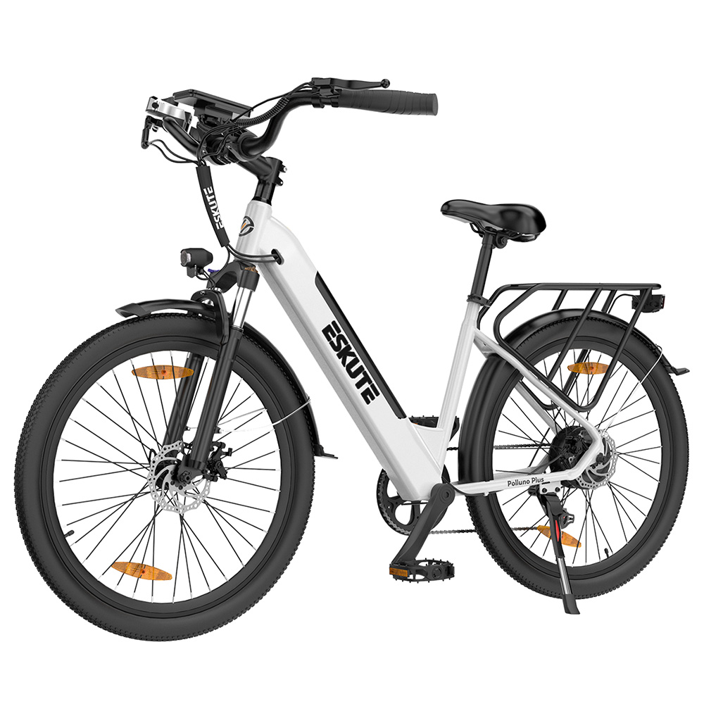 

ESKUTE Polluno Plus Electric Bike, 250W Motor, 36V 20Ah Battery, 26*1.75-inch, 25km/h Max Speed, 100km Range, Mechanical Disc Brakes, Shimano 7-Speed - White