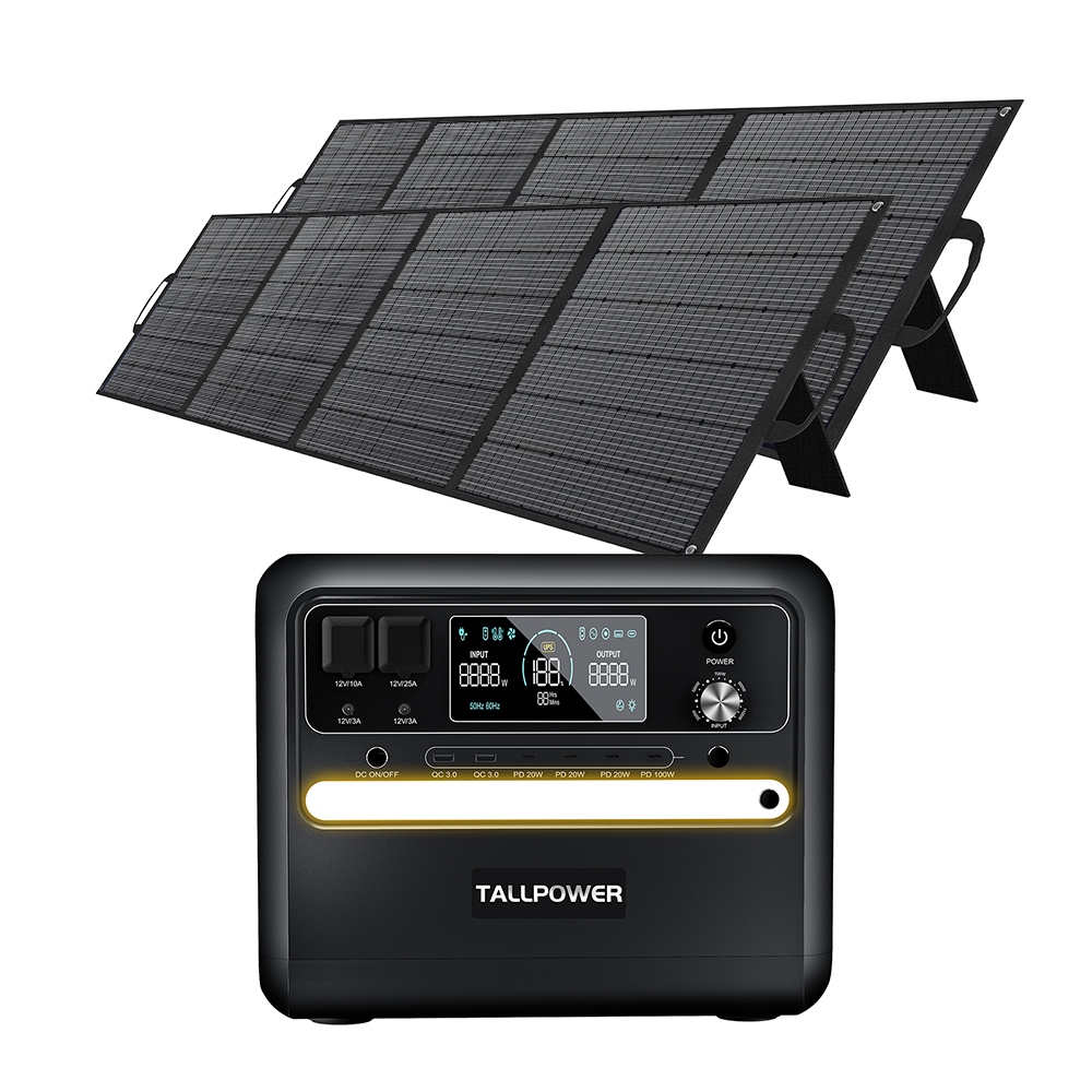 

TALLPOWER V2400 Portable Power Station + 2x TP400 400W Portable Solar Panel, 2160Wh LiFePo4 Solar Generator, 2400W AC Output, Adjustable Input Power, PD 100W USB-C, UPS Function, LED Light, 13 Outputs - Black