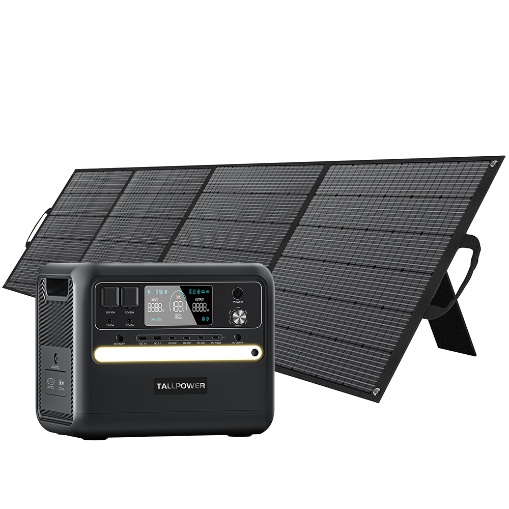 TALLPOWER V2400 Portable Power Station + 1x TP400 400W Portable Solar Panel, 2160Wh LiFePo4 Solar Generator, 2400W AC Output, Adjustable Input Power, PD 100W USB-C, UPS Function, LED Light, 13 Outputs - Black